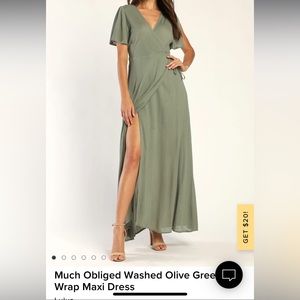 Lulu’s🌟Much Obliged Washed Olive Green Wrap Maxi Dress